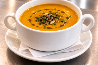 Cremesuppe von geschmorten Hokkaidokürbis