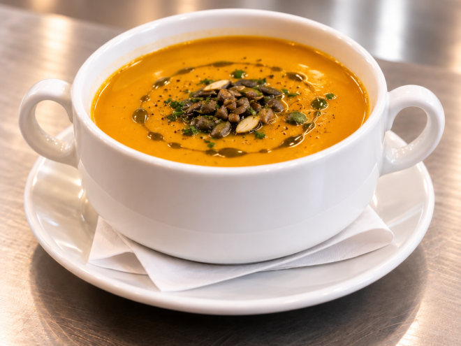 Cremesuppe von geschmorten Hokkaidokürbis