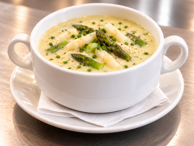 Creme von grünem und weißem Spargel 